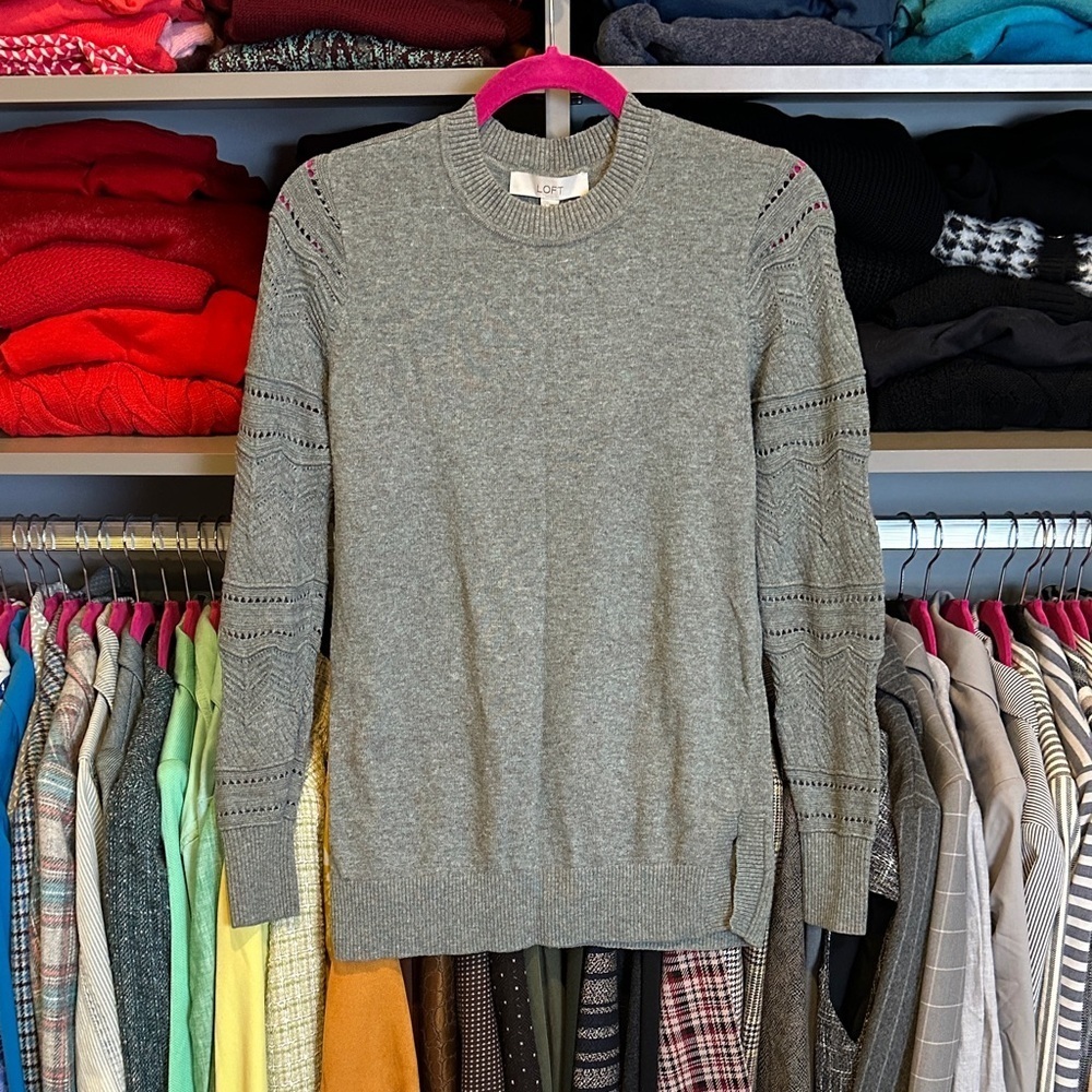 Loft green gray/pink heathered long open knit sleeves crew neck sweater size S